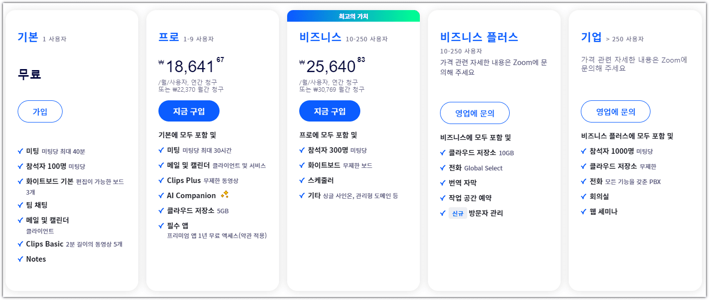 줌(Zoom) 유료 요금제 무료 차이점