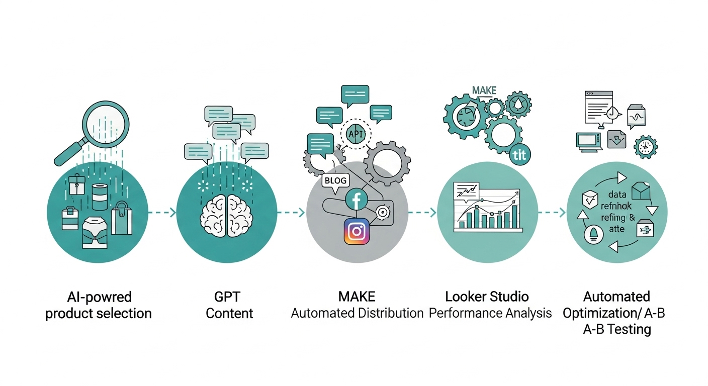 AI와 노코드 툴(GPT, MAKE)을 활용한 쿠팡파트너스 5단계 수익 자동화 퍼널 구축 과정을 나타내는 인포그래픽.