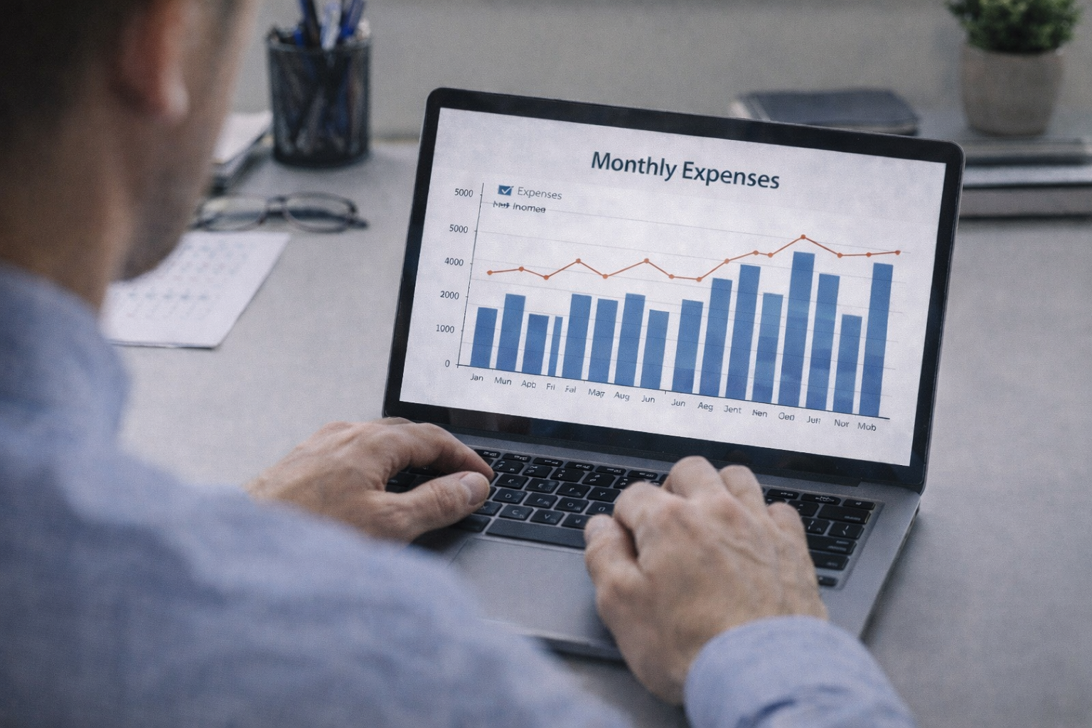 노트북으로 월별 지출 그래프를 확인하는 사무실 장면