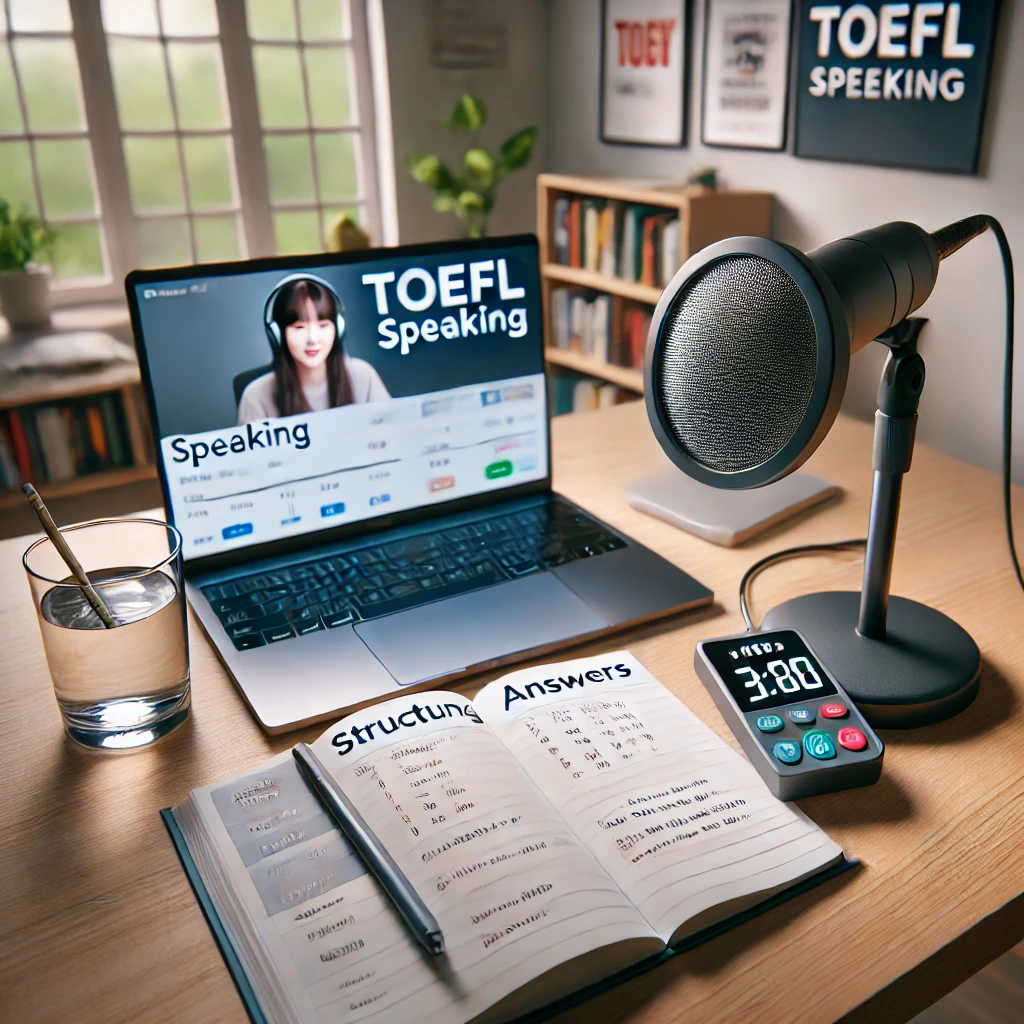 노트와 마이크로 토플 스피킹 연습을 하는 학생, 조용하고 밝은 공부 공간