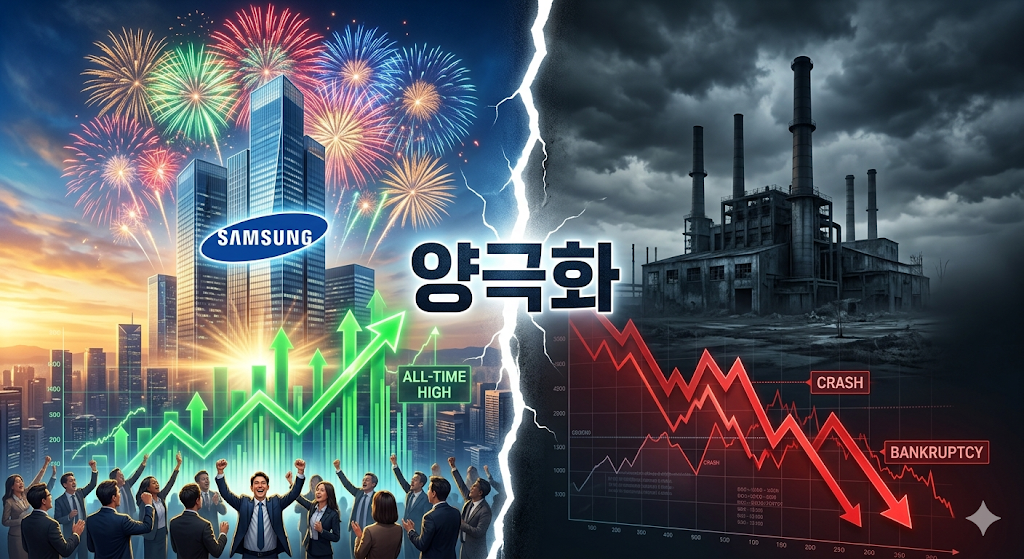 화려한 불꽃놀이가 터지는 삼성전자 사옥과 대조적으로 차갑게 식어가는 공장의 이미지가 겹쳐진 '양극화' 테마의 강렬한 이미지
