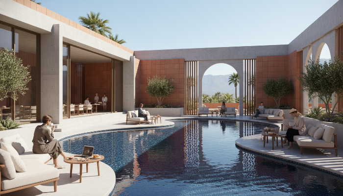 수영장이 있는 현대적인 디자인의 콘하스 카페 테라스 전경