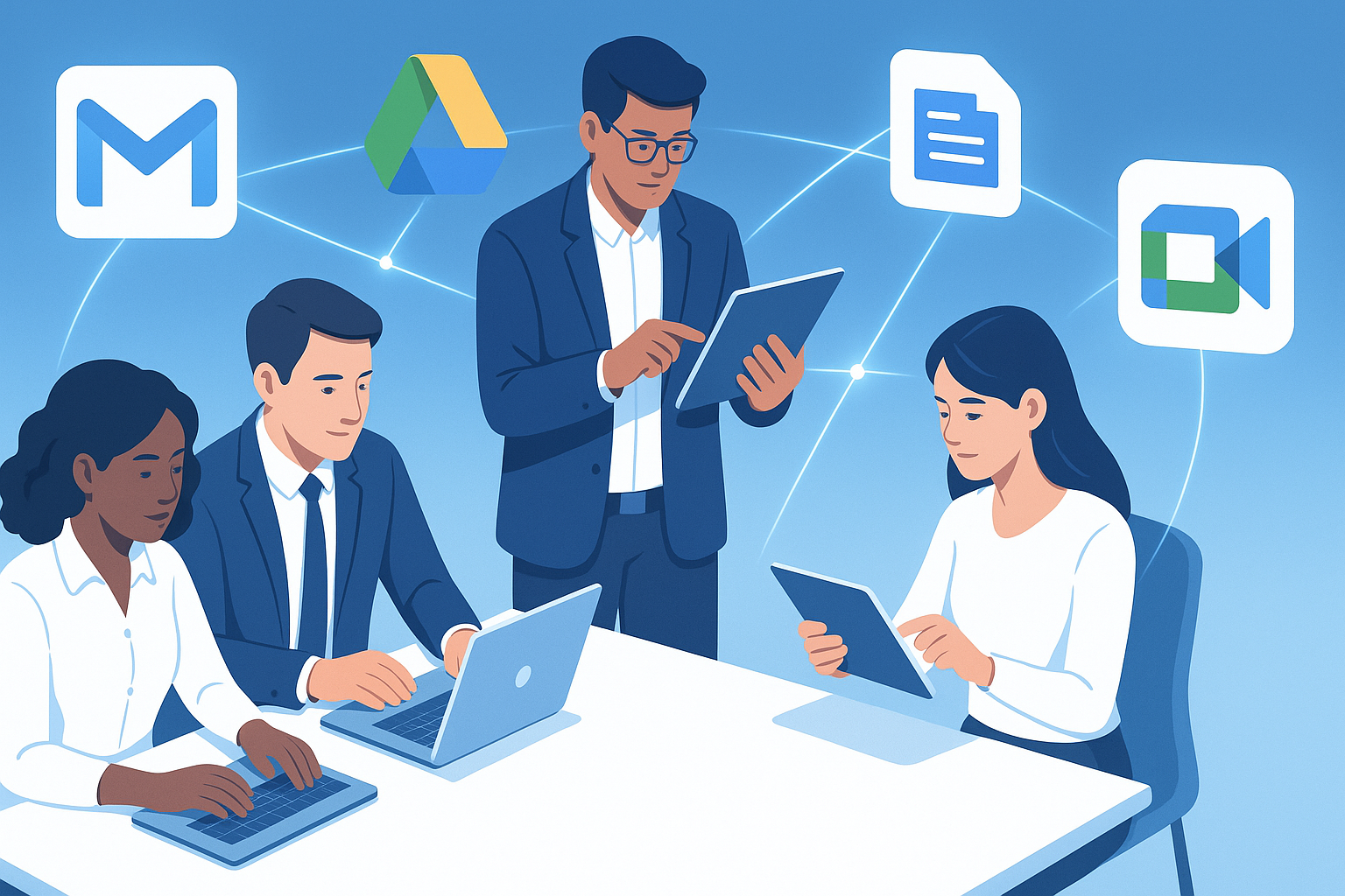 Google Workspace team collaboration illustration showing cloud-based productivity tools for business
