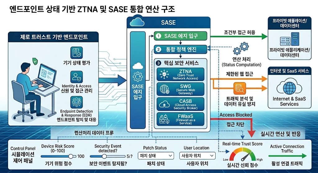 엔드포인트 상태 모니터링 시스템과 연동되어 위협이 감지된 데이터 블록을 차단하고 정상 트래픽만 허용하는 ZTNA 기반 SASE 연산 구조