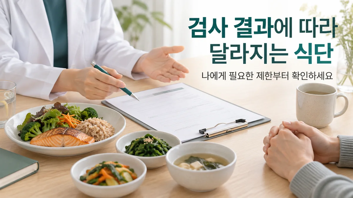 검사 결과와 식사 구성을 함께 보며 개인별 제한을 상담하는 모습