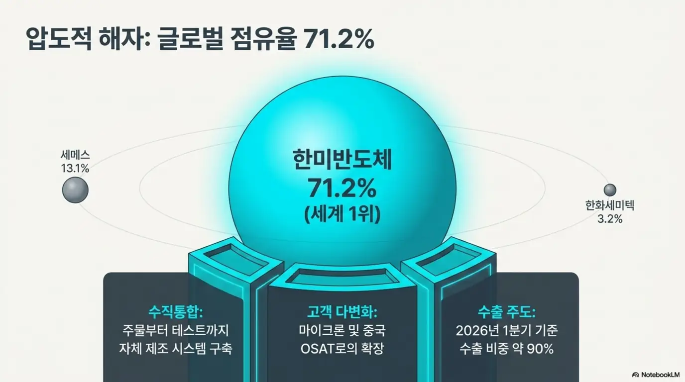 한미반도체 주가 전망: 한미반도체의 TC본더 글로벌 점유율이 71.2%로 세계 1위이며 세메스 13.1%, 한화세미텍 3.2%를 크게 앞선다는 점을 비교한 이미지. 수직통합·고객 다변화·수출 주도라는 해자를 시각적으로 전달하며, 한미반도체 주가 전망의 경쟁력을 설명함