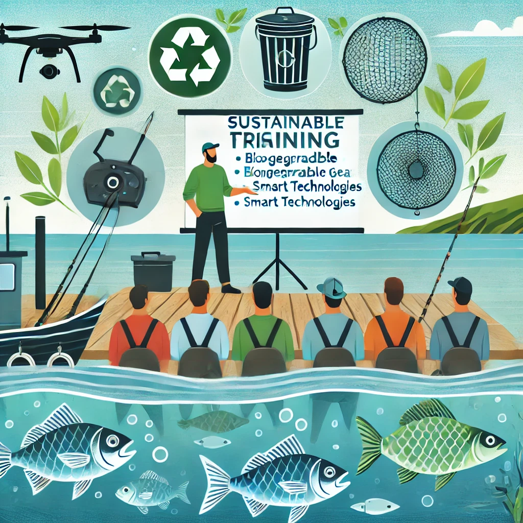 이 이미지는 어업 종사자를 위한 환경 친화적 교육과 훈련의 중요성을 강조합니다. 지속 가능한 어업, 생분해성 어구 사용법, 드론과 같은 스마트 기술, 그리고 어업 폐기물 관리 교육이 포함되어 있으며, 깨끗한 바다와 다양한 해양 생물이 환경 보호와 책임 있는 어업 활동의 중요성을 상징적으로 표현하고 있습니다.