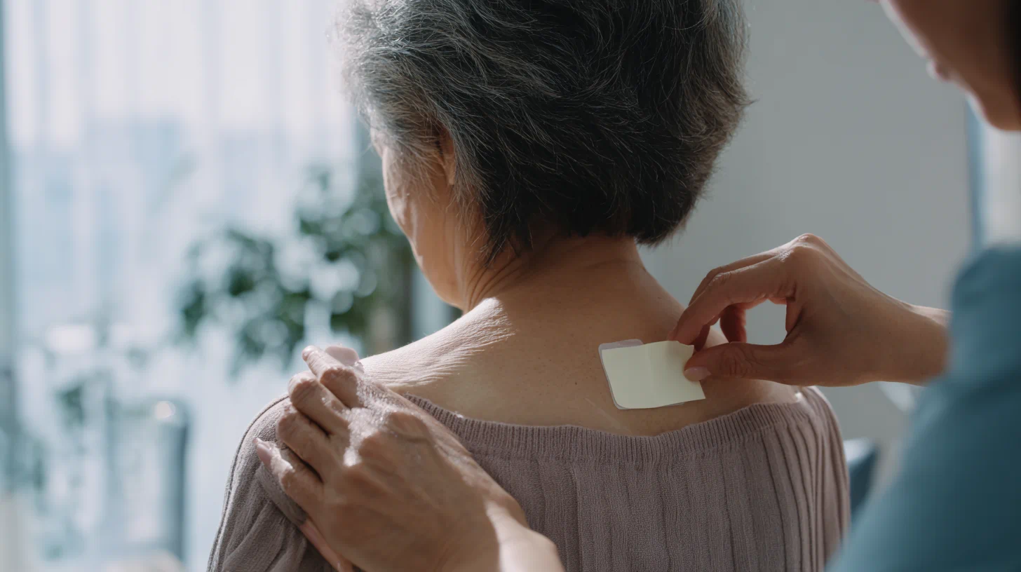 노인 환자의 팔 또는 등에 붙어있는 의료용 패치 클로즈업, 패치 강조, 현실적인 사진