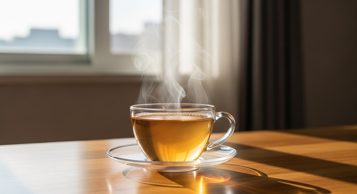 햇살 아래 따뜻한 황금빛 맥문동차 한 잔