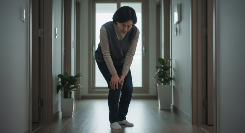 무릎 보며 멈춰선 순간