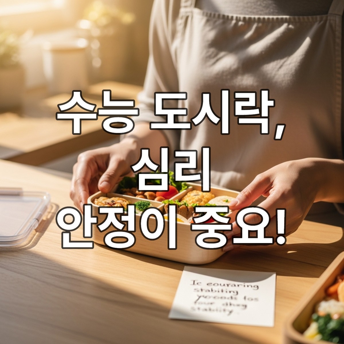 어머니가 따뜻한 마음으로 정성껏 수능 도시락을 싸는 모습, 편안함과 응원을 상징합니다.