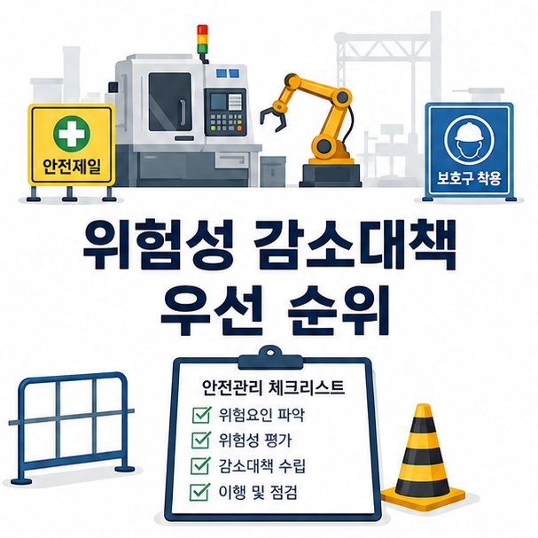 작업현장과 안전관리 체크리스트를 이용해 위험성 감소대책의 기본 개념을 소개하는 그림