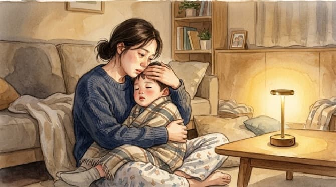 아픈 아이 떼쓰기 새벽 엄마 품에서 진정
