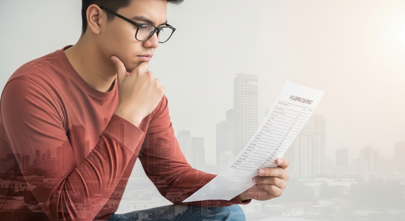 복잡한 서류를 보고 있는 청년의 모습. 높아지는 주거비용과 대출 이자에 대한 청년들의 고민을 상징합니다.