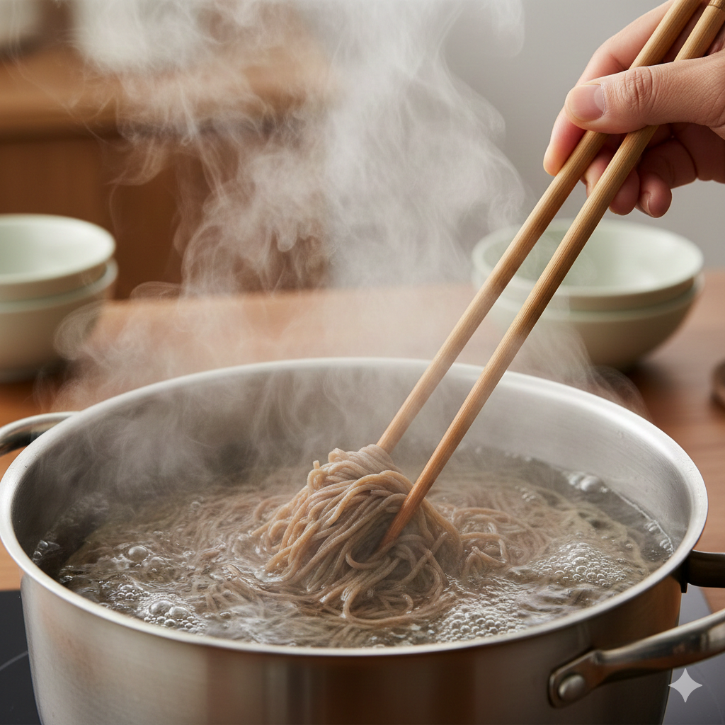 뜨거운 물에 잘 삶아지고 있는 메밀국수