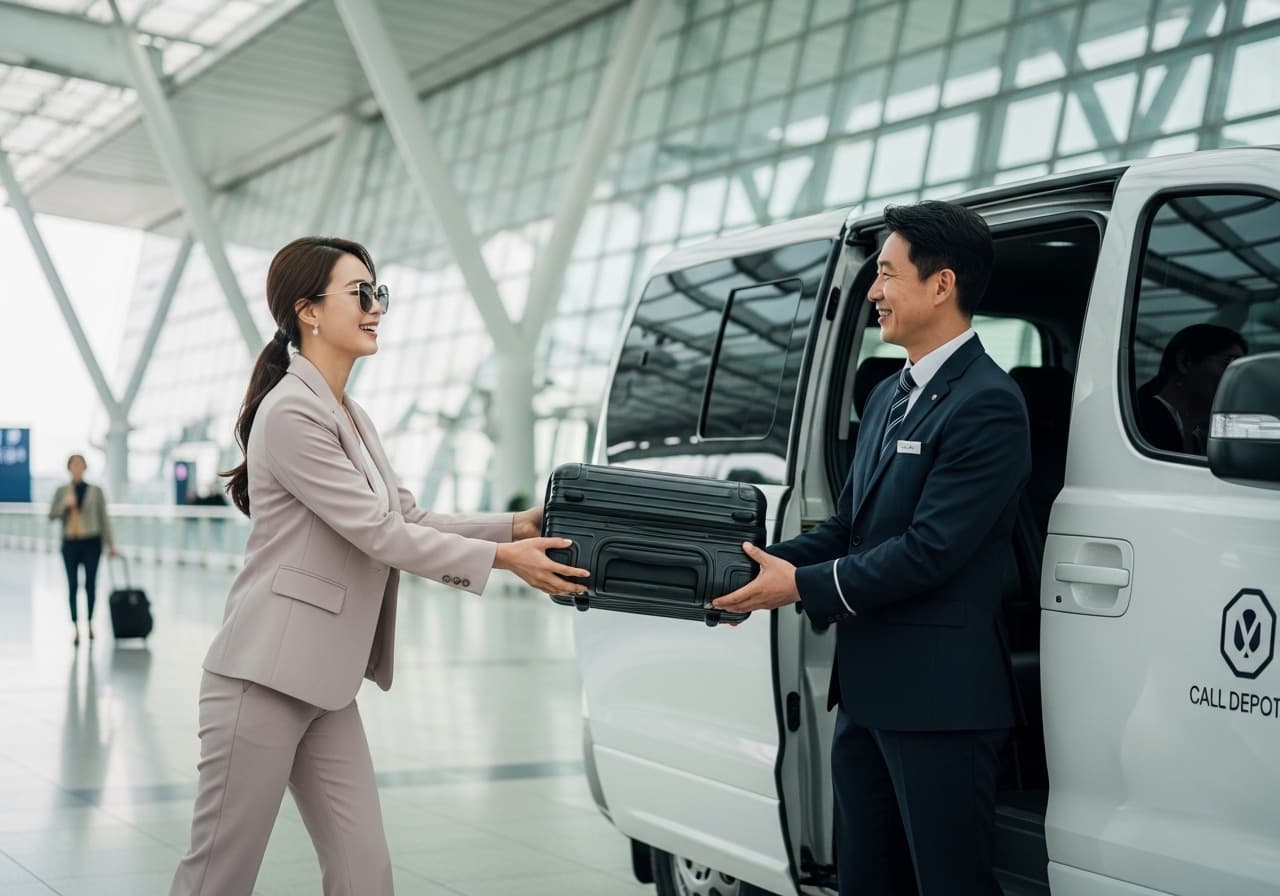 세련된 차림의 한국인 여성이 인천공항 3층 출국장 앞에서 대기 중인 흰색 대형 콜밴 옆에서 캐리어를 기사님께 전달하며 밝게 웃는 모습