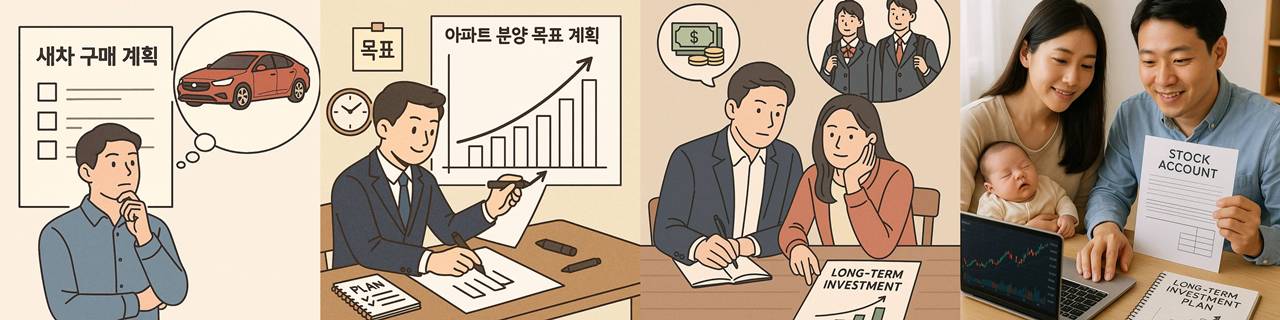 차량구매, 아파트 분양, 자녀 교육비, 자녀 주식계좌 개설 통한 장기투자 계획 세우는 부부모습