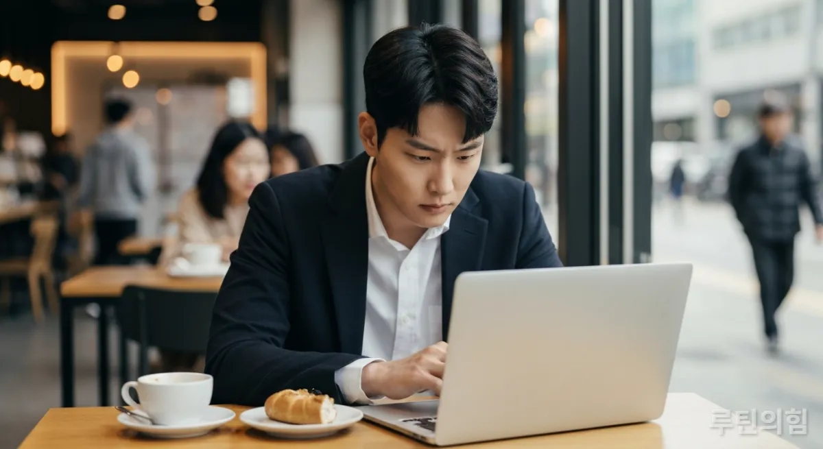 카페에서 노트북으로 화상 회의 중인 Z세대 남성 직장인