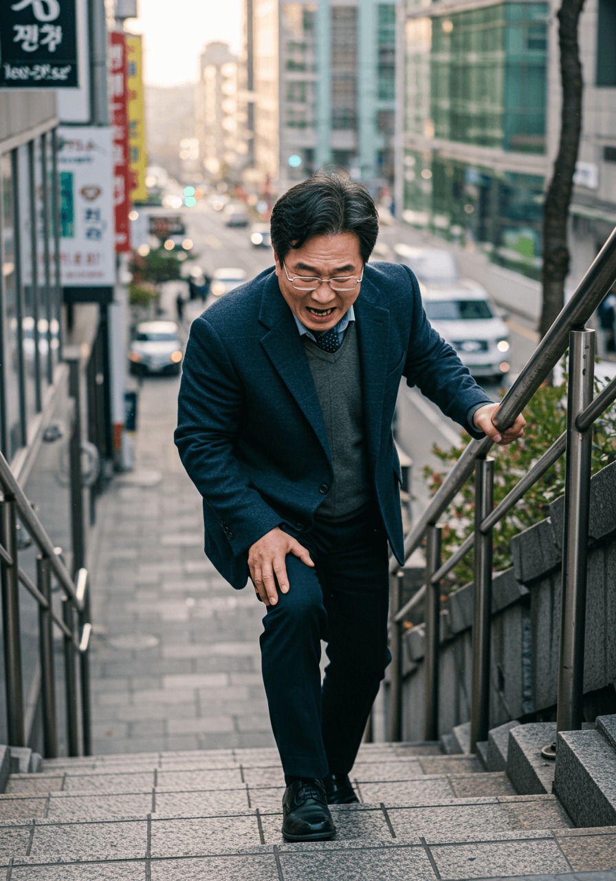 계단을 오르며 무릎 통증을 느끼는 중년 남성