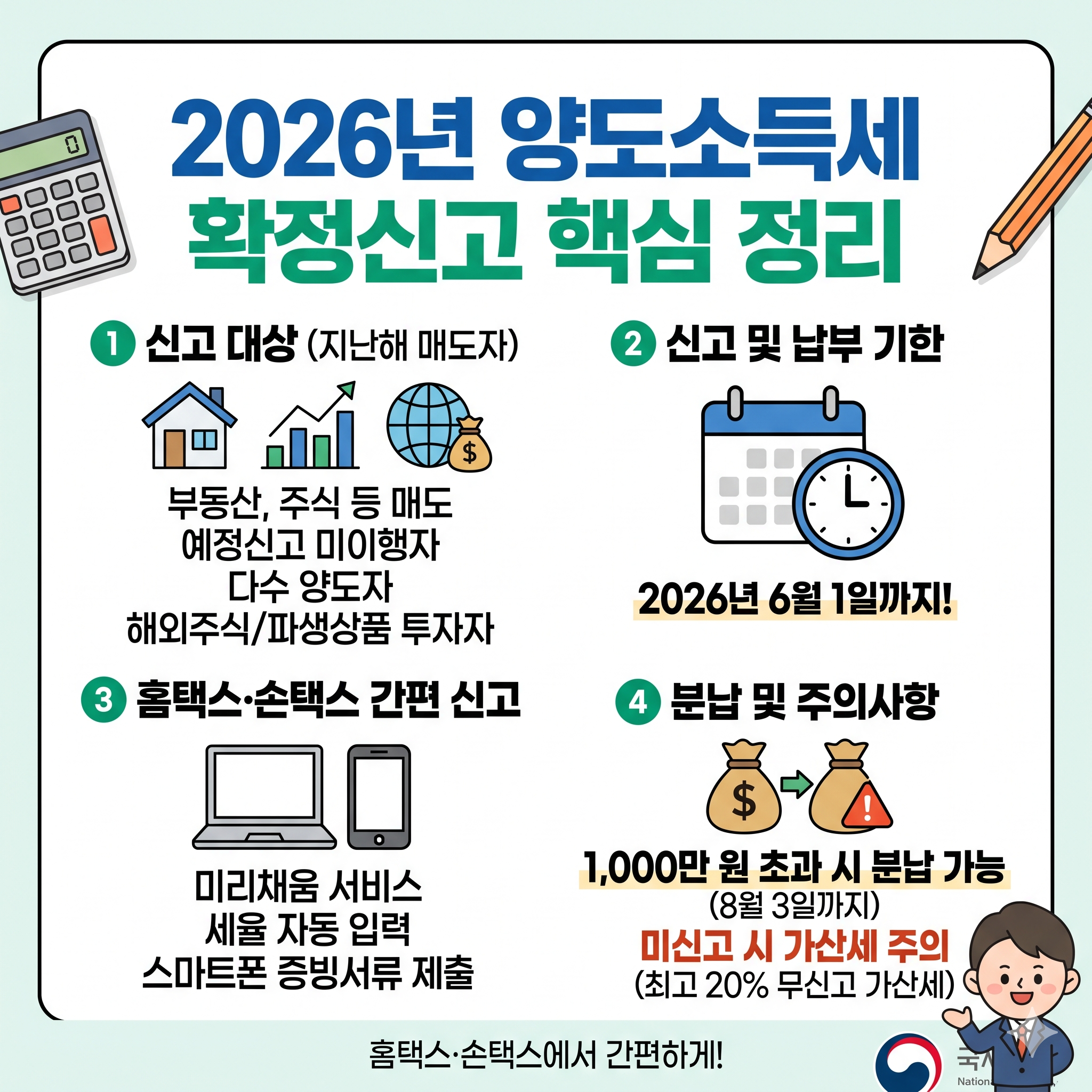 2026년 양도소득세 조회 및 확정신고 방법 총정리 (홈택스 자동채움, 기한, 분납 가이드)