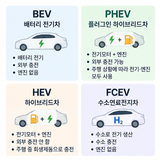 BEV PHEV HEV FCEV의 동력원과 외부 충전 여부, 엔진 유무를 표로 비교한 이미지