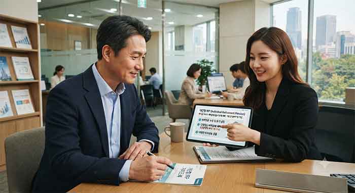 금융 상담원과 고객이 IRP 가입에 대해 이야기하는 모습.