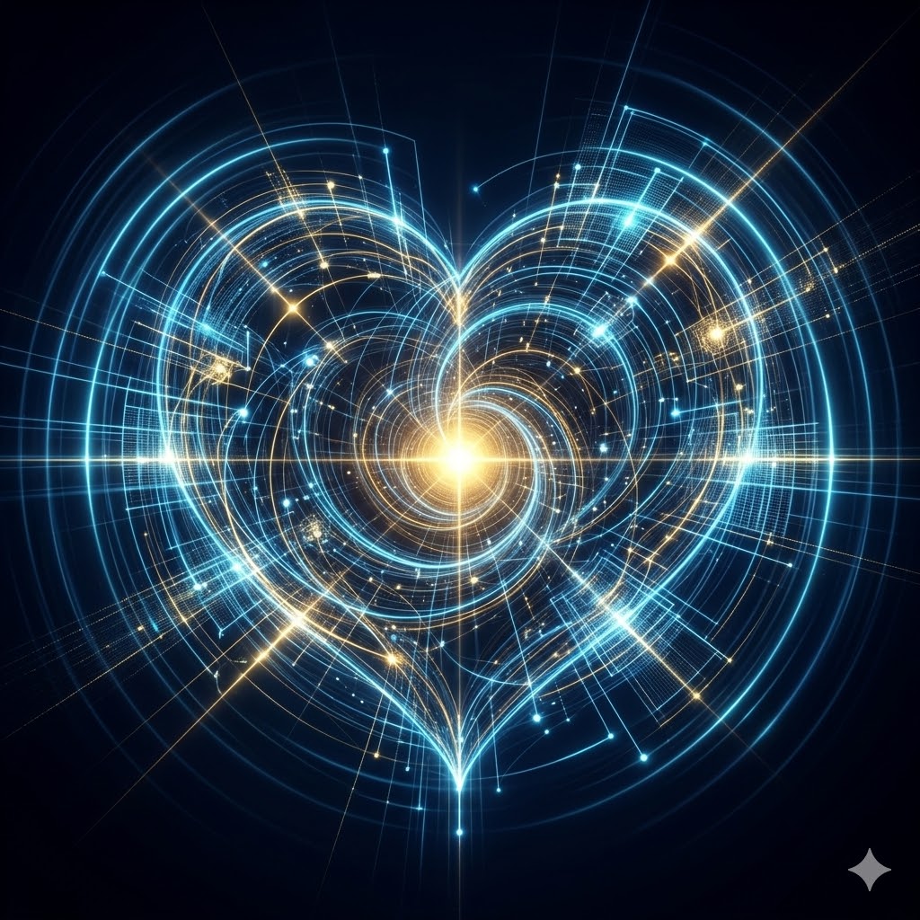 A large, glowing digital heart formed by neon blue and gold data streams swirling in a deep dark void, with an intense light capturing an algorithmic pulse.