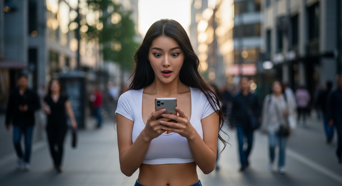 스마트폰을 보고 놀라는 여성