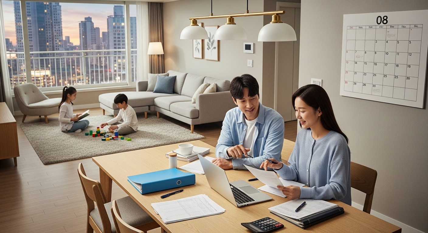 거실에서 가족이 함께 연말정산 서류를 정리하며 편안하게 대화하는 넓은 풍경