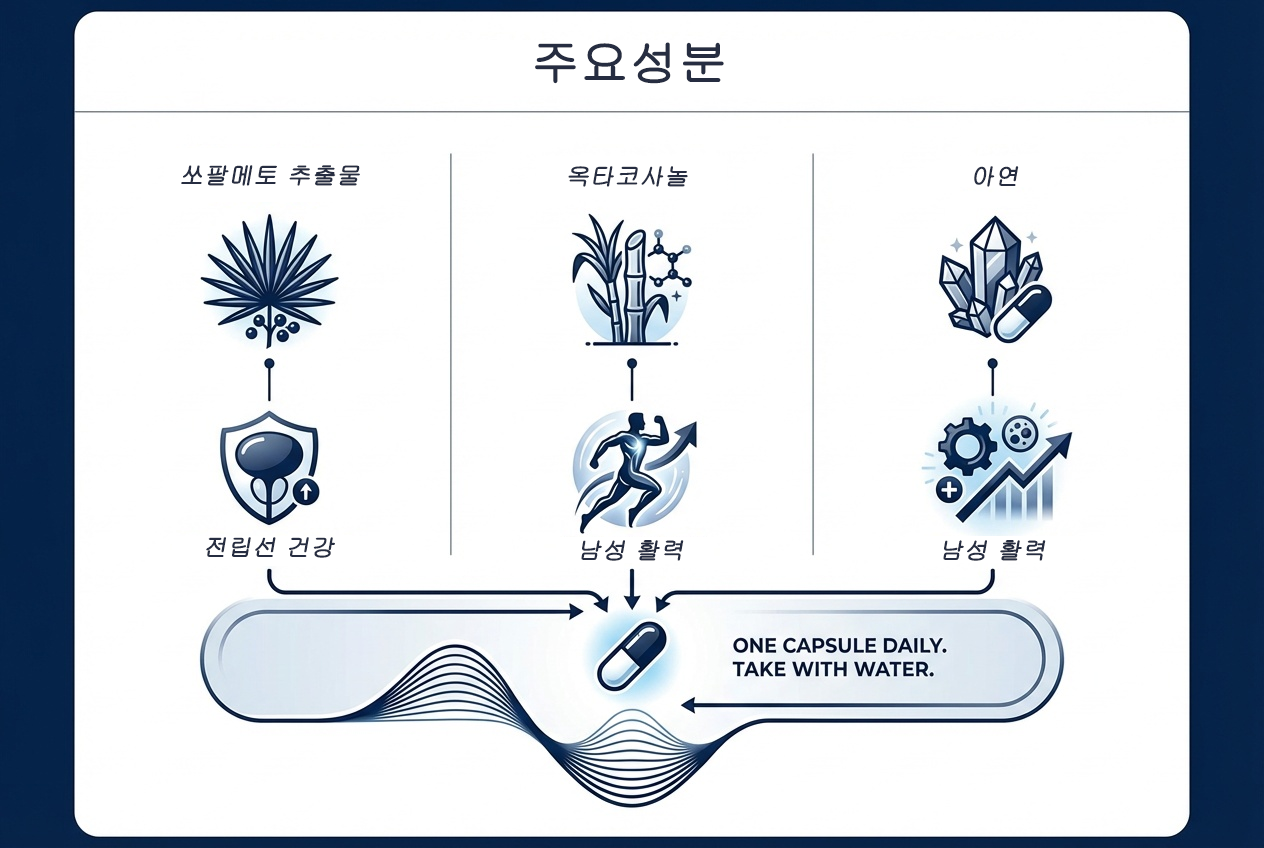 쏘팔메토 추출물은 전립선 건강, 옥타코사놀과 아연은 남성 활력에 도움을 줄 수 있음을 한 캡슐 섭취 컨셉으로 정리한 주요 성분 인포그래픽
