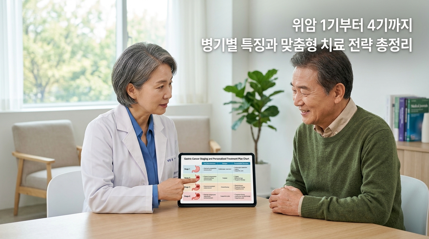 최첨단 의료 진료 환경이 갖춰진 밝고 신뢰감 주는 진료실에서 전문 의료진과 환자가 밝은 표정으로 위암 병기별(1기~4기) 특징과 맞춤형 치료 전략 차트를 함께 보며 차분하게 상의하고 있는 모습. '위암 1기부터 4기까지', '병기별 특징과 맞춤형 치료 전략 총정리'라는 문구가 적혀 있어, 단계별 위암 치료의 중요성과 희망을 시각화함.