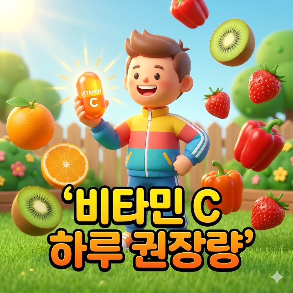 활기찬 3D 카툰 스타일 캐릭터가 비타민 C가 풍부한 과일과 채소에 둘러싸여 즐거워하는 모습, '비타민 C 하루 권장량' 문구가 건강한 비타민 섭취의 중요성을 강조합니다.