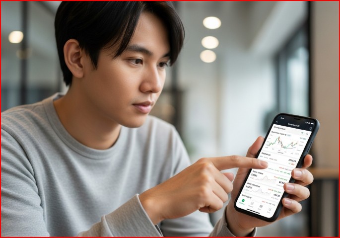 젋은 남자가 휴대폰 주식화면을 보는 모습