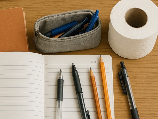 책상 위에 노트와 필기구들, 두루마리 휴지가 있는 이미지