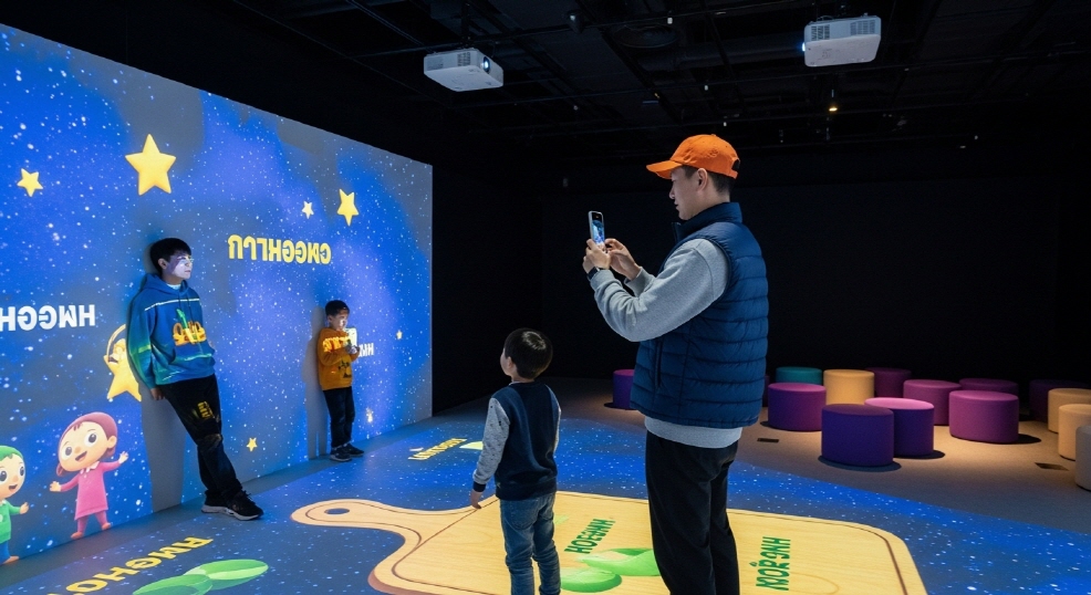 아이와 함께 실내 미디어 체험하는 가족, 단양여행