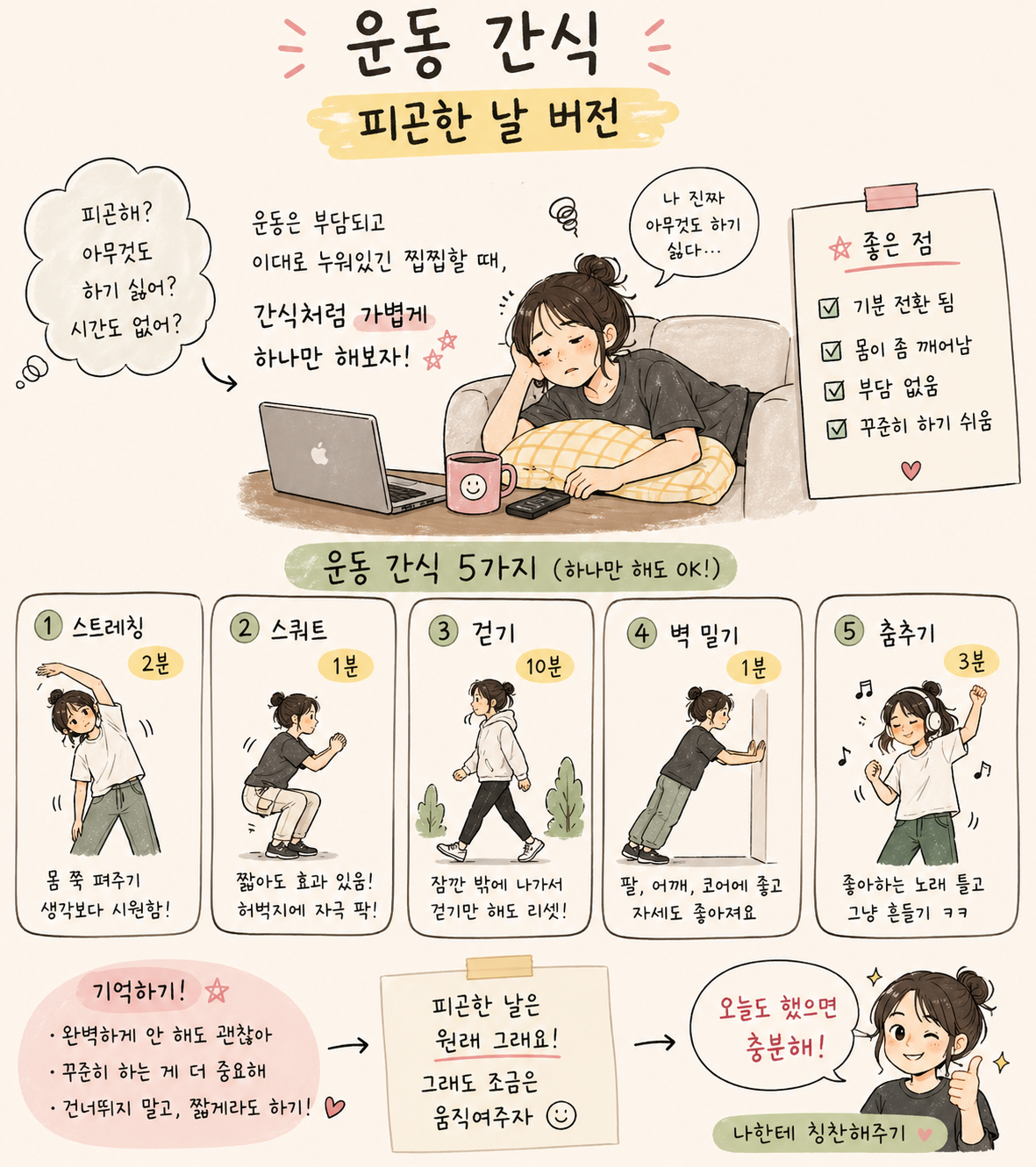 피곤한 날 간단하게 할 수 있는 운동 간식 루틴을 소개하는 일러스트 (스트레칭, 스쿼트, 걷기, 벽 밀기, 춤추기 포함)
