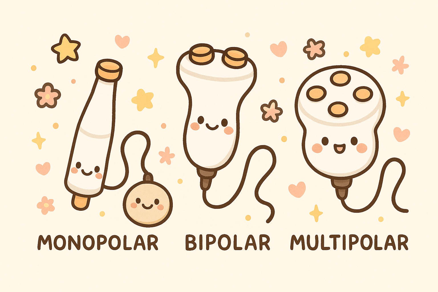모노폴라, 바이폴라, 멀티폴라 고주파(RF) 전극 구조 비교 일러스트. 모노폴라는 접지 패드를 통해 깊은 층까지, 바이폴라는 표피·진피 얕은 층, 멀티폴라는 균일하게 열을 전달하는 원리