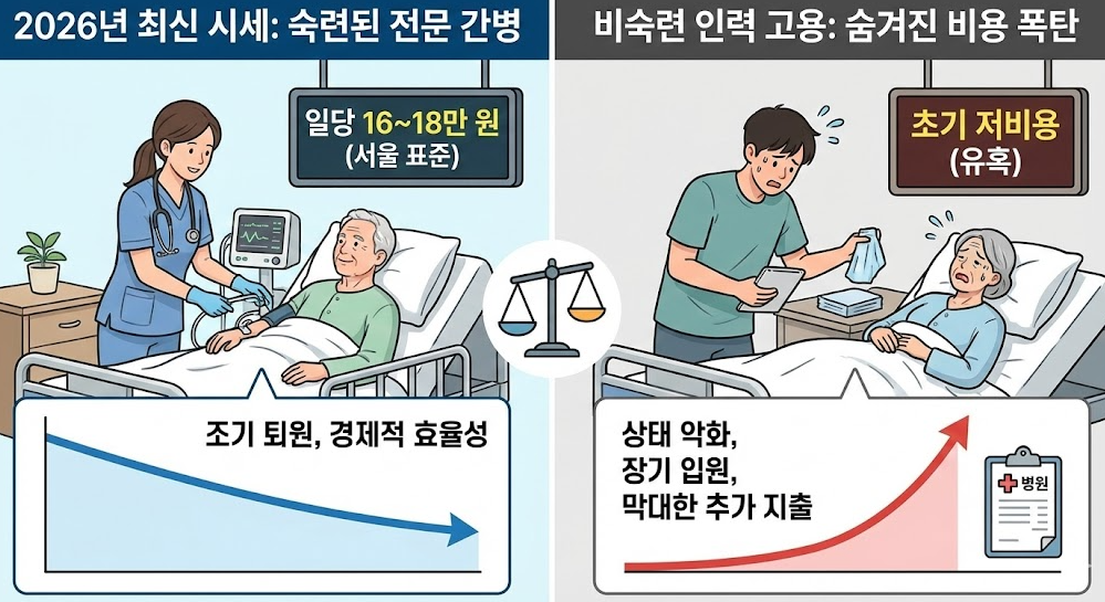 2026년 기준 숙련된 전문 간병과 비숙련 간병 선택에 따른 비용과 입원 경과 차이를 비교한 그림
