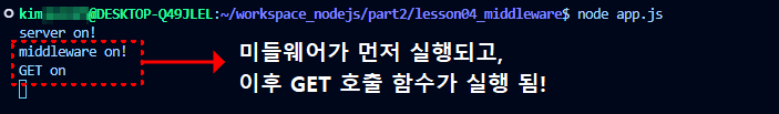 미들웨어를 사용한 경우, 미들웨어가 먼저 실행 되고 나머지 작업이 실행 됨