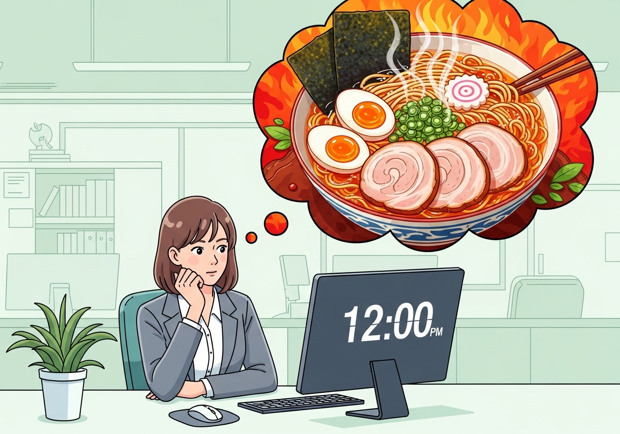 사무실에서 일하던 직장인이 점심시간을 기다리며 머릿속에 김이 모락모락 나는 맛있는 라면을 떠올리는 모습을 담은 일러스트.