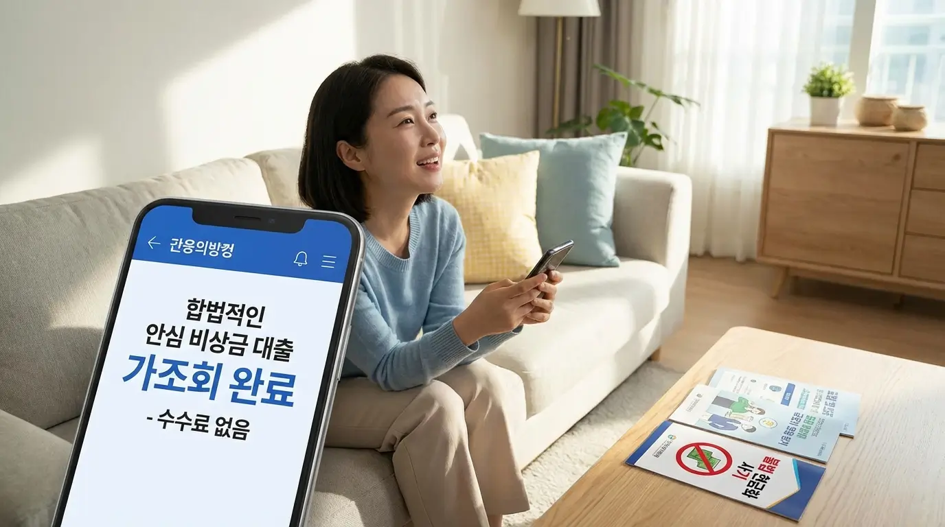 스마트폰으로 수수료 없는 합법적인 안심 비상금 대출을 가조회하여 불법 현금화 사기에서 벗어나는 소비자의 모습