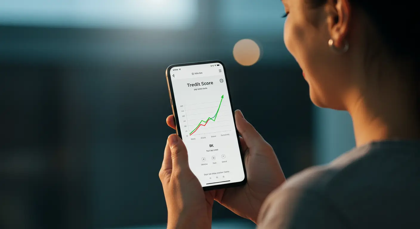 1금융권 대환대출 성공 후 상승하는 신용점수 그래프를 확인하는 모습