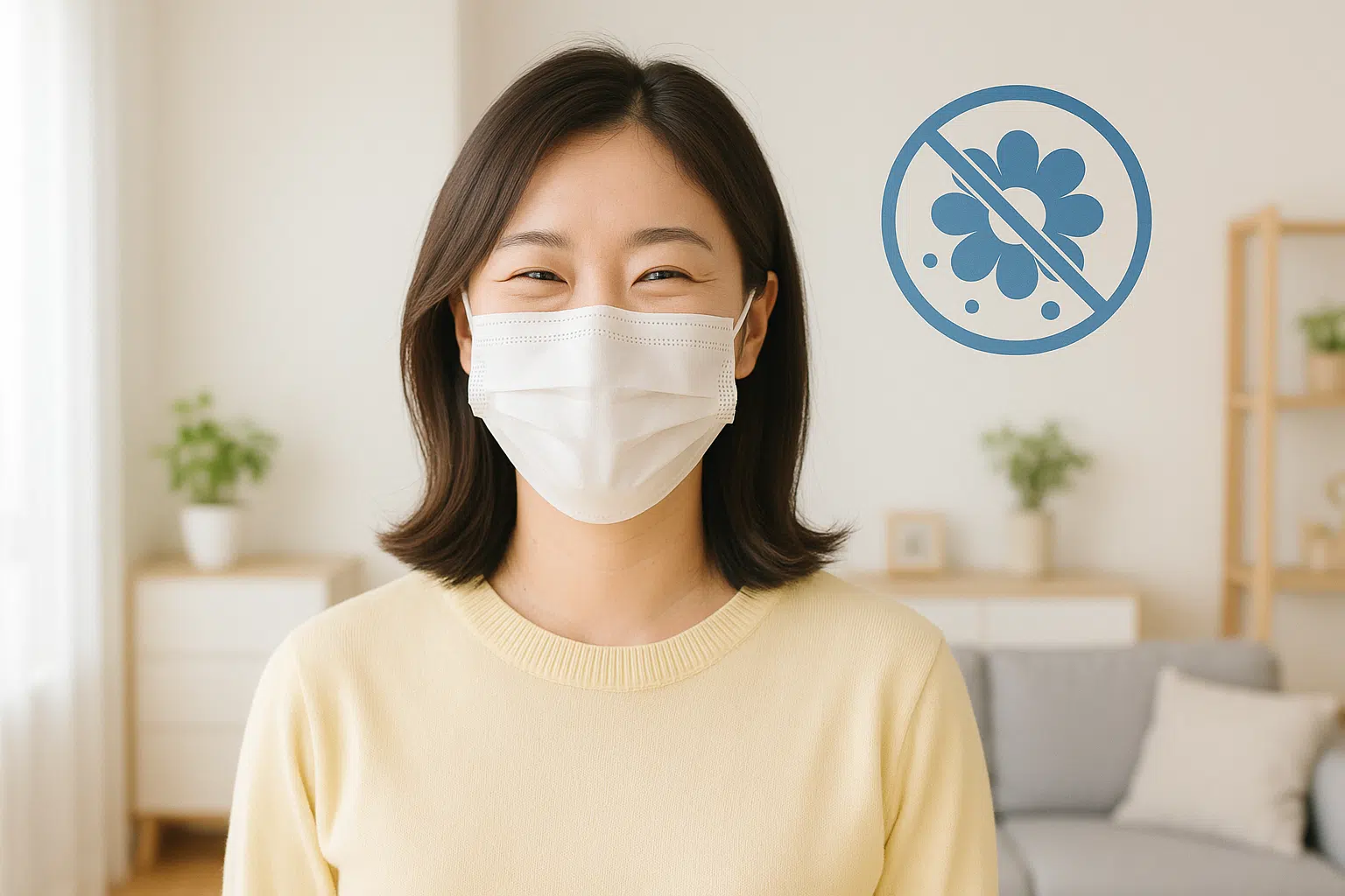 봄철 마스크를 착용하고 밝게 미소 짓는 사람