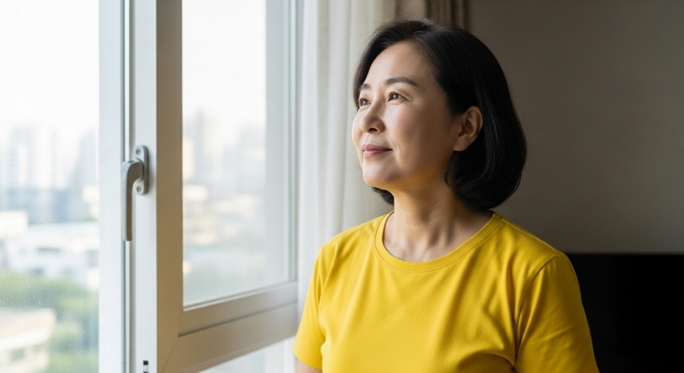 노란색 티셔츠를 입고 창밖을 바라보는 한국인 중년 여성