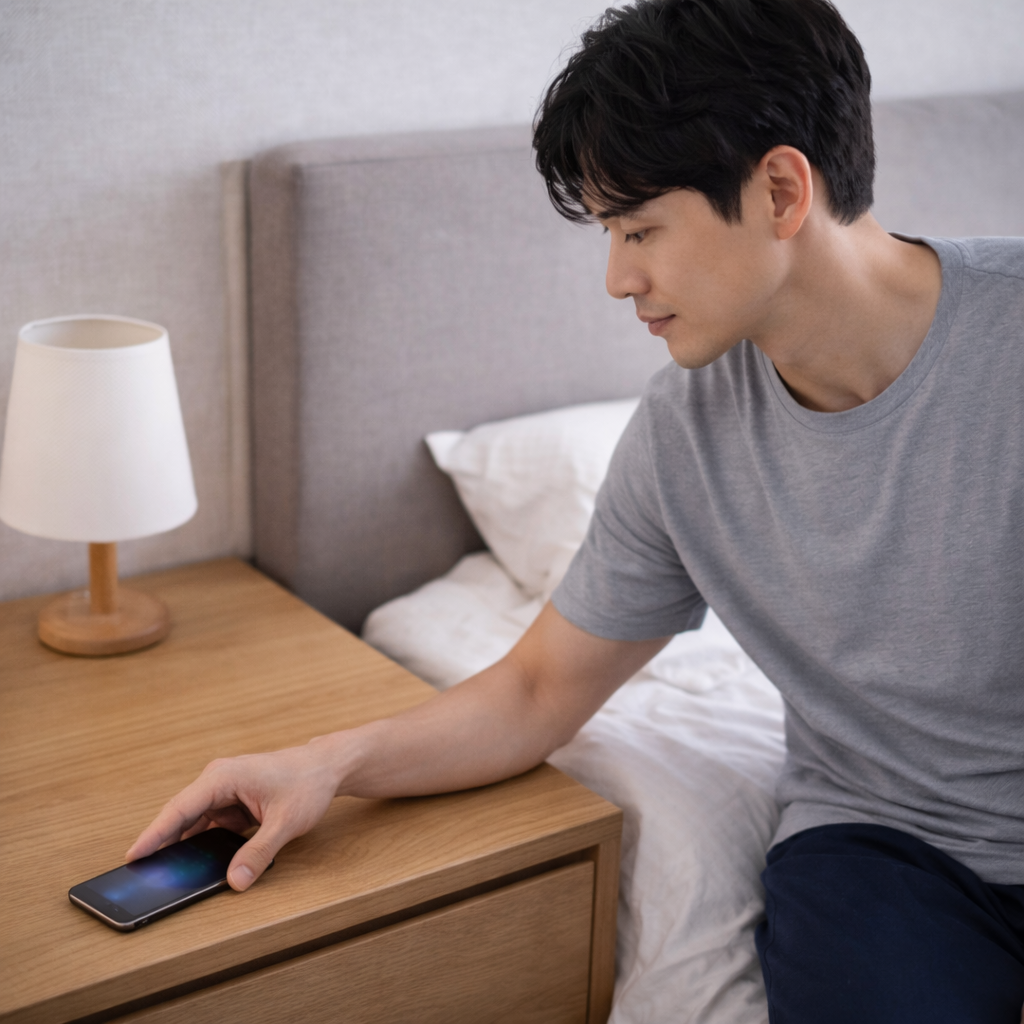 취침 전 스마트폰을 멀리 두어 불면증을 완화하는 습관을 표현한 이미지