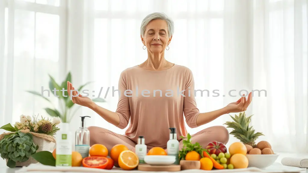 화장품과 항상화 성분이 많은 과일이 놓여 있고, 여성은 요가 자세로 휴식을 취하고 있는 모습.