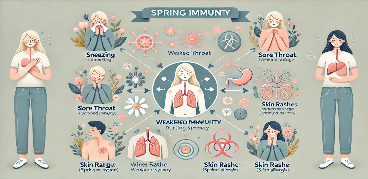 환절기 면역력 저하로 인한 주요 증상 – 재채기, 목 통증, 피로, 피부 트러블, 알레르기 인포그래픽