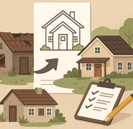 "전원주택으로 개조하는 과정을 표현한 일러스트, 낡은 시골집이 새롭게 리모델링된 전원주택으로 변화하는 모습"