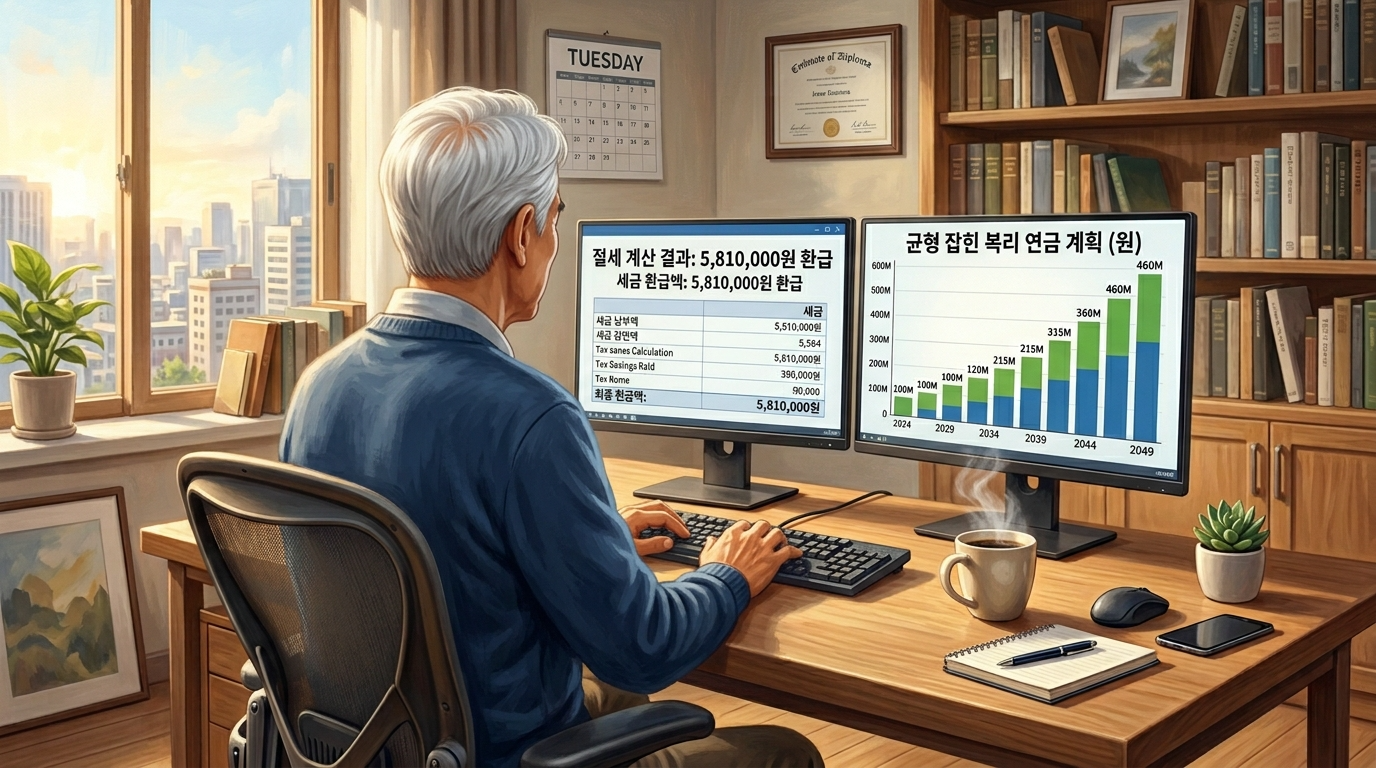 화요일 아침, 출근 전 정갈한 서재 테이블 위에서 한 50대 직장인이 확신에 찬 미소를 지으며 연금저축+IRP 한도창과 국민성장펀드 세금 환급 시뮬레이션 결과를 대조해 보며 완벽한 절세 포트폴리오 정답을 찾아낸 지적이고 평온한 모습의 일러스트