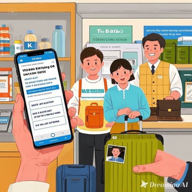 가게 사장님이 가족과 여행가방을 들고 밝게 웃으며 케이뱅크 앱 화면과 휴가 안내 현수막을 함께 들고 있는 모습, 뒤엔 매장 잠금 표시와 응모 내역 화면